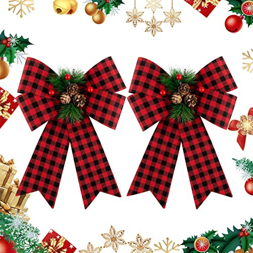COLOFALLA 2pcs Lazos Navidad Grandes 30cm de Tela con Conos de Pino Lazos par Árbol Navidad Adornos Navideños Regalo (Rojo Negro)