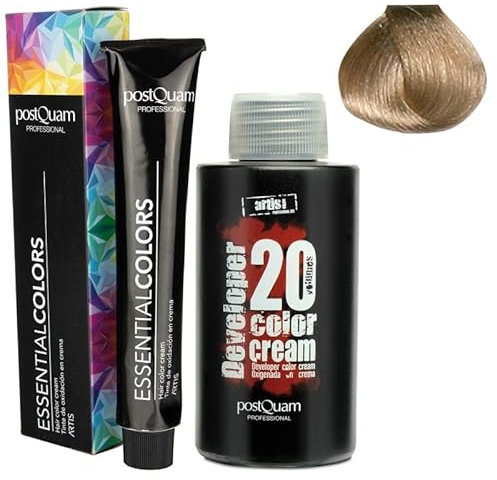 PostQuam - Pack de 3 Tinte de Peluqueria Profesional + Agua Oxigenada en Crema de 20 VOL | Tinte Permanente 100% Cobertura de Canas Garantiza Color Natural Uniforme y Duradero