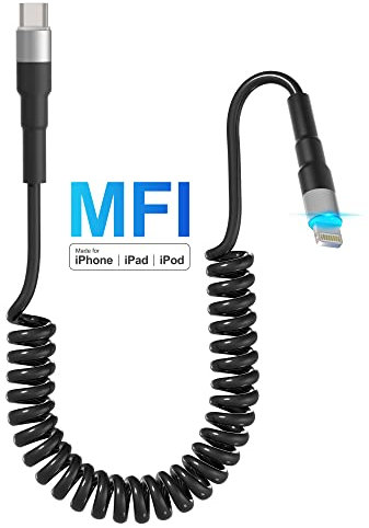 Arkidyn Coiled USB C to Lightning Cable, Apple Carplay [Apple MFi Certified] Short iPhone Charging with Data Sync and Blue LED, Compatible Pad Pod
