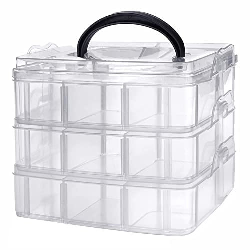 SUL 3 Tier Transparent Stackable Storage Box with 18 Compartments, Craft and Storage Box with Carry Handle, Container for Jewellery, & Organising Toys,Arts & Crafts, Tools (Clear)