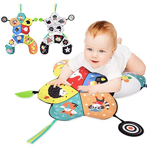 Aolso Kuschelkissen Kinder, Musikspielkissen für Neugeborene zum Spielen in der Bauchlage, Kissen Baby mit Spiegel, Beißring Babyspielzeug sensorische Funktionen, Babyspielzeug ab der Geburt