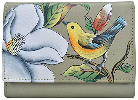 Anna by Anuschka Damen handgemalte Echtleder Damen DREI Falten Geldbörse, Vintage Vogel Taupe, Einheitsgröße