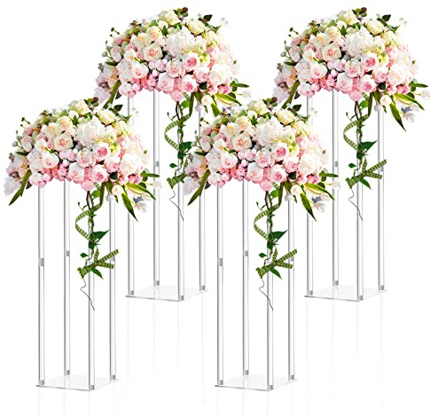 Geetery 4 Pieces 28 Inch Tall Acrylic Vase Wedding Centerpieces Clear Flower Stand Column Geometric Floral Vase Elegant Display Holder for Birthday Party Wedding Table Decorations