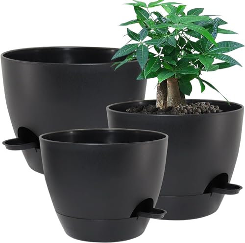 UOUZ Pots à arrosage Automatique - 12/10/9 Pots de Fleurs avec réservoir Profond pour Plantes d'intérieur - Noir