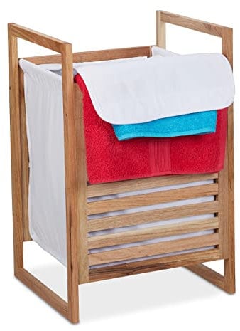 Relaxdays Meuble à Linge, Cadre en Bois de Noyer, Couvercle, 50 l, pour la Salle de Bain, HLP 60x40x35 cm, Nature/Blanc