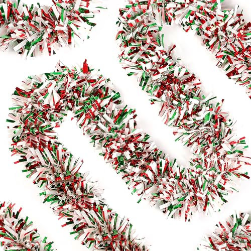 Sggvecsy Ghirlanda natalizia da 1,5 m verde, rosso, bianco, decorazioni per albero di Natale, ghirlanda metallica intrecciata, decorazioni da appendere al soffitto per Capodanno, feste di compleanno,