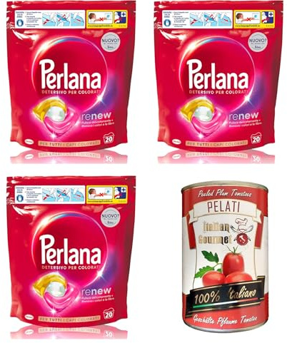 3x Perlana Renew Coloured Caps, Waschmaschinen-Waschmittelkapseln, neue 3in1-Formel, ideal für alle farbigen Kleidungsstücke, Packung mit 18 Waschgängen+ Italian Gourmet pelati 400gr