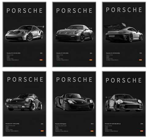 Auto-Poster auf Leinwand, Wandkunst Porsche 911 GT3RS Vintage Turbo 918 Rennwagen-Poster, modern, klassisch, Supercar-Drucke, Set für Männerhöhle, Jungenzimmer, Ästhetik, Wanddekoration (6 Set, 30,5 x
