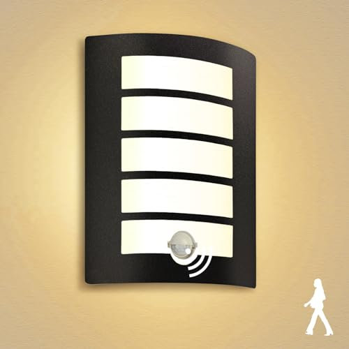 Aussenlampe mit Bewegungsmelder E27 Wandlampe IP44 Eckig Außenlampe Schwarz Matt Edelstahl ABS Wandleuchte Aussen für Hauswand Balkon inkl.1x 12W 1200lm LED Warmweiß Glühbirne