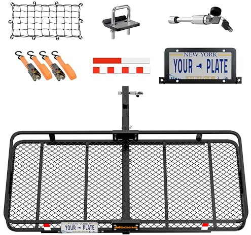 Mockins 60x24x6 XL Heavy Duty Trailer Hitch Cargo Carrier | 500 Lbs Cap Folding Luggage Rack for SUV Car & Truck | All-Weather Steel Hitch Rack Cargo Carrier w/License Plate Bracket & Accessories