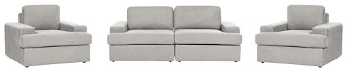 Sofa Set 3-teilig Stoffbezug helles Grau 3-Sitzer Sofa und 2 Sessel Retro Alla