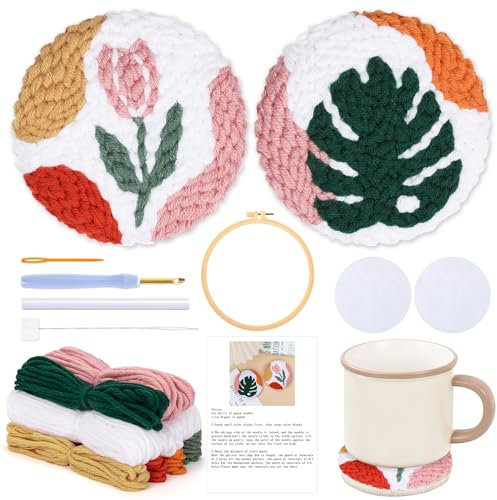 JSRQT Punch Needle Untersetzer Kits, 2 Stück Blume Blatt Punch Needle Stickerei Starter Kit, DIY Stanznadel Set Anfänger für Erwachsene und Kinder, Punch Needle Kit mit Stickrahmen, Nadel und Fäden