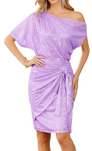 GRACE KARIN Femme Sexy Robe à Paillettes Asymétrique Une Épaule Nue pour Soirée et Cérémonie Pin Up Surface Violet-Rose à Sequins XXL