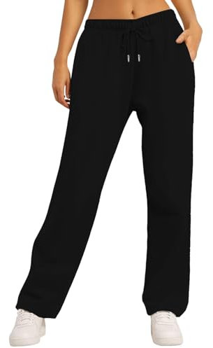 Pantalon de Jogging Femme en Coton Pantalon de Sport en Coton Femme Chic Élastique Taille Haute avec Poche Pantalon de Jogging Droit à Coupe Large Pantalon de Training Sport Yoga et Fitness
