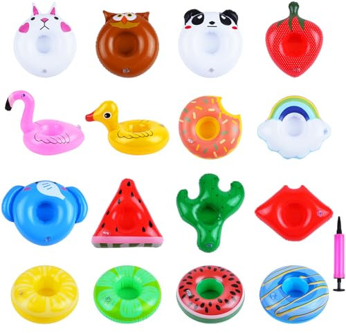 AUYAO Flotante Taza Soporte, 17 Pcs Flotador Inflable Posavasos con Bomba de Aire, Soporte Inflable para Bebidas para Fiesta de Piscina para Fiesta en la Piscina Vacaciones Baño