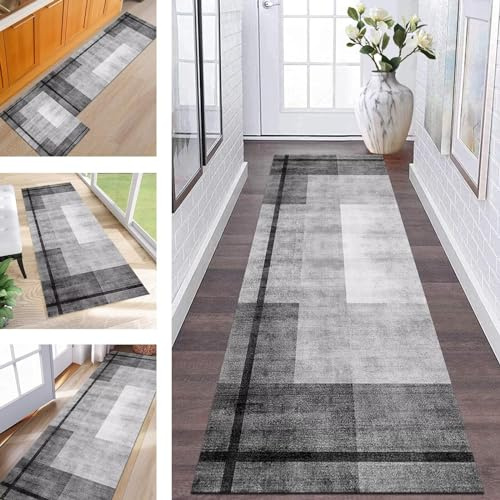 Abstrakte Läufer Flur Küche Waschbar rutschfest Korridor Teppichmatten 70X200CM Grau Schwarz Lang Küchenteppich Flurteppich Läufer Schlafzimmer Esszimmer Polyester Teppichläufer Meterware Anpassbar