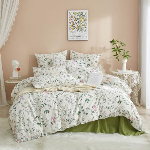 DXHOME Blumen Bettwäsche 135x200 Baumwolle Grün Weiß Blätter Blumenmotiv Pflanzen Sommer Bettwäsche Set Bunt Einzelbett Bettbezug mit Reißverschluss + 1 Kissenbezug 80x80 cm