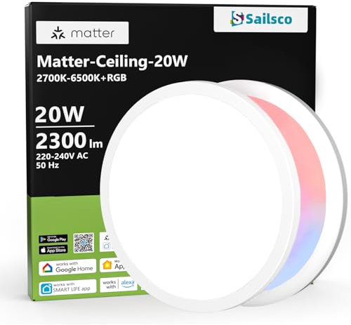 sailsco Plafon LED Techo Regulable de 20W RGBWW 2700k-6500k Redondo Lampara LED Techo 2300LM Luz Nocturna Inteligente Compatible con Matter/HomeKit/Alexa/Google Home Fuente Luz Clase E Ø29cm