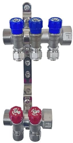 AQUA HEATING Wasserverteiler Set Verteiler Warmwasser Kaltwasser Trinkwasser Heizung Industrie Wasseranschluss Messing Vernickelt 1 Zoll 16x2 mm PEX 3 Wege Blau 2 Wege Rot