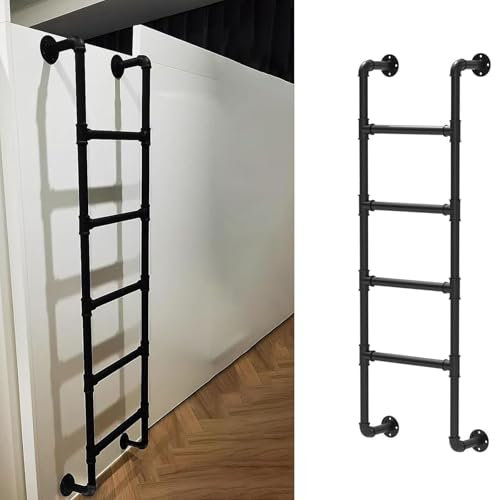 Bunk Bed Ladder Standard Fixed Steel Ladder for Twin Bunk Loft Bed, Black Retro Straight Ladders with Heavy Duty Bracket, All Install Fitting Included, Load 150 Kg