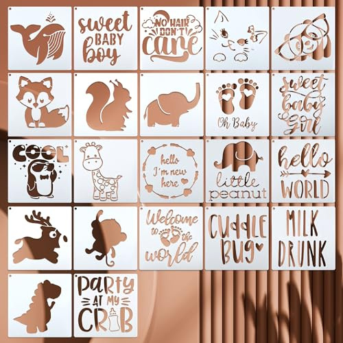 22 Stück Baby Shower Schablonen Baby Thema Malvorlagen Süße Tiere Vorlage Süße Babies Thema Schablonen Wiederverwendbare Malschablonen für Handwerk Scrapbooking Dekorationsset (13x13CM)