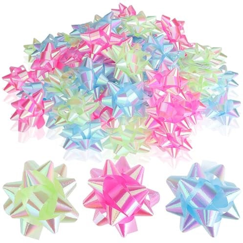 Wilhelm Sell® 60x Noeuds Cadeaux Autocollants - 5 x 2 cm Noeuds colorés pour Cadeaux - Noeuds décoratifs prêts à l'emploi pour Noël, Anniversaires et Mariages (Bleu Clair/Rose/Vert)