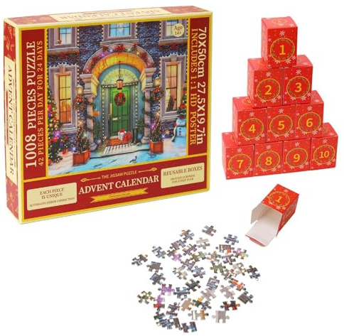 Puzzle-Adventskalender 2024, Weihnachts-Countdown-Kalender, 1008-teiliges Puzzle-Spielzeug-Adventskalender 2024, Weihnachts-Puzzle-Countdown-Kalender für Kinder und Erwachsene (F)