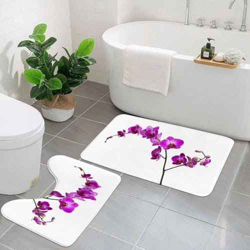 AELKSP Badezimmerteppich Set 2 Teilig,Wilde Orchideen, Blütenblatt, Blütchen, Zweig, romantischer Fluss,rutschfest Waschbar Badvorleger Set,Saugfähig Badematte Badteppich Set mit