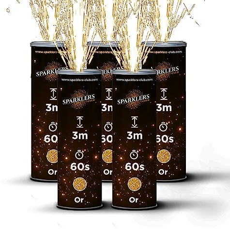 Sparklers Club Jets de Scène Or 3 Mètres 60 Secondes Lot de 5 | Étincelles Or Dorées, Hauteur 3 Mètres, Durée 60 Secondes, Intérieur et Extérieur, Sans Fumée, Catégorie T1