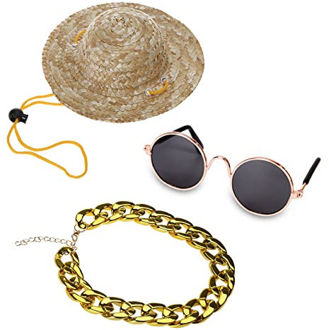 JOERBABU Lot de 4 accessoires amusants pour animal de compagnie - Collier tendance - Chapeau de paille - Pour chat, Plastique + métal