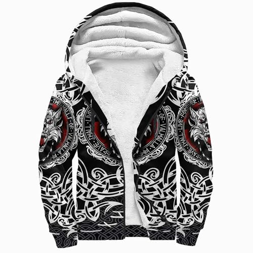 Wikinger Mantel Herren, 3D Printed Odin Fenrir Wolf Tattoo, Warme Reißverschluss Fleece Hoodie, Winter Dicke Winddichte Sherpa-Futter Mantel, Erregen Sie in Jeder Menschenmenge Aufmerksamkeit