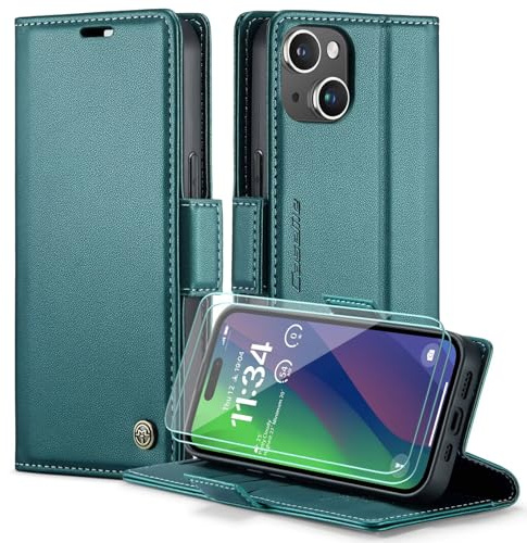 FERLAN Handyhülle für iPhone 15 Hülle [Mit 2 Stück Panzer Schutz Glas] [Premium PU Leder] [RFID-Blockierung] [Kartenfach] Klapphülle für iPhone 15 - Grün