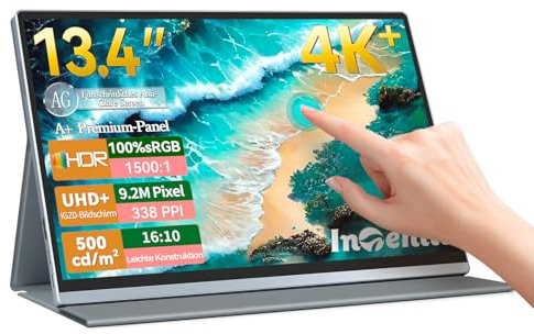 Intehill 4K Tragbarer Monitor, 13,4 Zoll Touchscreen Monitor IGZO Anti-Glare Touch Screen, 10-Punkt Multi-Touch, HDR, sRGB 100%, Eingebaute Lautsprecher, VESA, Dual USB-C,HDMI for Laptop (U13ZT)