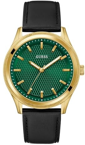 GUESS Herren Armbanduhr GD EX, schwarzes Lederarmband, Mineral Glas, dunkelgrünes Ziffernblatt, 5 Bar, Gehäusedurchmesser: 44 mm, GW0846G1
