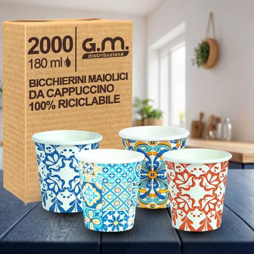 2000 Pezzi Bicchieri da Cappuccino in Carta con Grafiche Maioliche, 180 ml, Biodegradabili Biocompostabili, Usa e Getta, 4 Colorazioni, Ideale per Casa, Ufficio, Asporto Bevande Calde