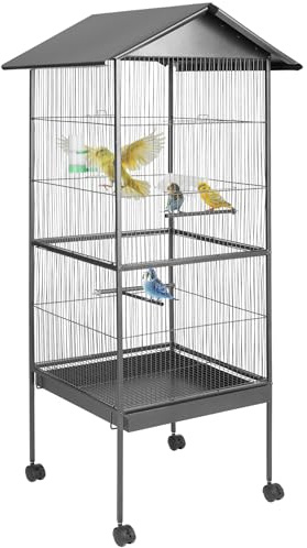 tectake® Cage à Oiseau avec Toit Voliere Oiseaux Interieur Cage Perroquet sur roulettes 52x52x162cm avec bac à Sable, Grand mangeoire & 4 perchoir Oiseaux, idéal Perroquet Perruche canari calopsitte