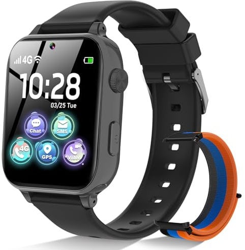 Smartwatch Kinder 4G - Smart Watch Uhr für Mädchen Jungen mit GPS, Telefon Anruf, Videoanrufen, Chat, SOS, Spiele, Schrittzähler, Wecker, Kinderuhr Telefonieren für Kids 4-12 Jahre Geschenk, Schwarz