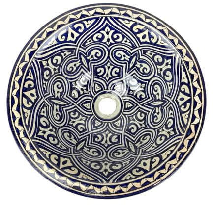 Lavabo marroquí de cerámica pintado a mano, Fes, 40 cm, azul y blanco, diseño oriental
