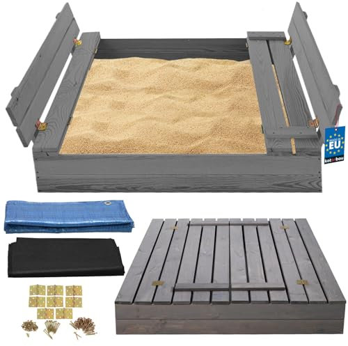 KOTARBAU® Sandkasten mit Abdeckung 100 x 100 cm Grau Großer Holzsandkasten Sandkasten mit Sitzbank und Deckel Gartenspielzeug Kinder imprägniert verschließbar mit Bänken