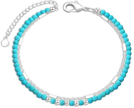 VIVILE Fußkettchen für Damen,Silver Fussketten für Frauen Türkis,Surfen Fußkette Perlen Sterling Silber 925,Fusskettchen Wasserfest,Armband Türkis,Handmade Boho Kleidung Schmuck Style Festival Outfit