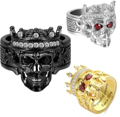 König Schädel Krone Ring mit Gravur - Schwarzer Totenkopf Ringen + Geburtsstein - Kristall Krone Siegelring - Herren Schmuck - 925 Sterling Silber Gothic König Ringe - Schädel Ring Band für Männer