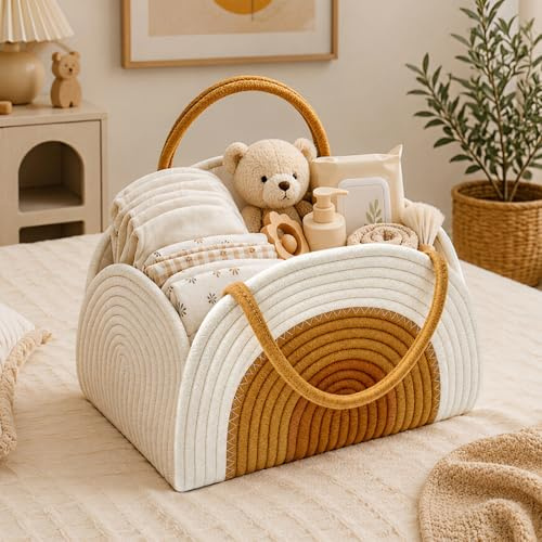 Afenau Baby Windel Caddy Organizer, Wickeltisch Organizer mit Fächern und Griffen, Tragbarer Wickeltasche ORGANIZER Korb, Wickelorganizer für Babyparty Geschenk und Geschenk Babyparty, Weiß Braun