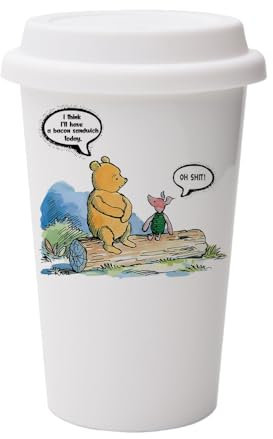 Getagift Funny Bear & Pig Quote – Sarcastic Bacon Joke Gift for Adults, Friends, Colleagues – Humour for Birthday, Office, Secret Santa, Wall Eco Insulated White Ceramic Travel Mug, with White Lid.