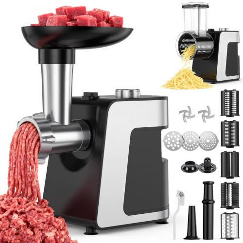 FITNATE Elektrischer Fleischwolf, Starker Fleischwolf mit Wurstfüller & Gemüseschneider,Multifunktions Küchenmaschine mit 3 Mahlplatten für Feine/Mittlere/Grobe Schnitte