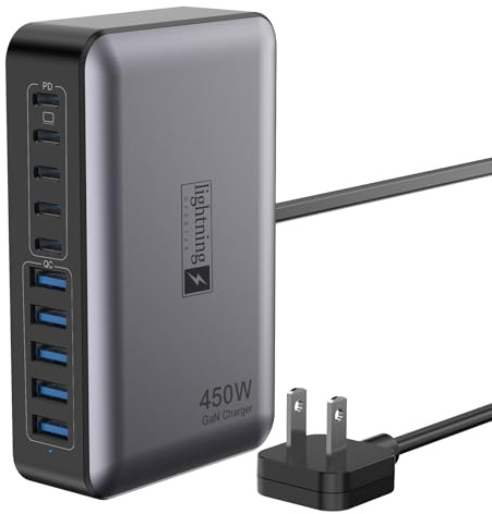 10 Ports USB C Ladeblock, 450W USB Ladestation für mehrere Geräte, 5 Typ C + 5 USB A GaN PD Ladegerät Hub, Compact Power Brick Super Fast Charging für MacBook, iPad, iPhone, Samsung