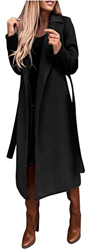 FUPODD Wintermantel Damen Lang Elegant Wollmantel Winter Damen-Mäntel Mit Gürtel Winterjacke Warm Trenchcoat Revers Damenmantel Übergang Lange Mantel Frauen Casual Jacke Outwear Einfarbig Wintercoat