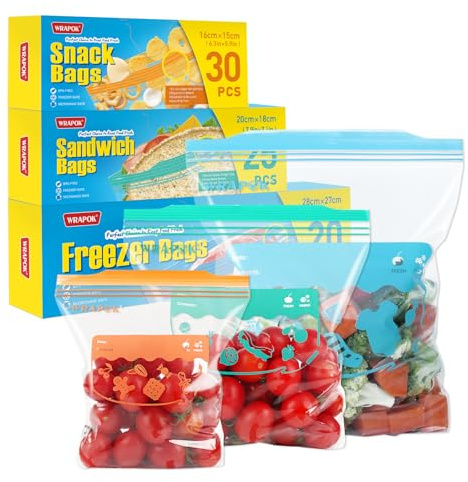 75 PCS Large Zip Lock Freezer Food Bags for Kitchen - 3 Sizes | Food Grade Materials, Double Zipper for Tight Seal, Leak-Proof and Keep Food Fresh