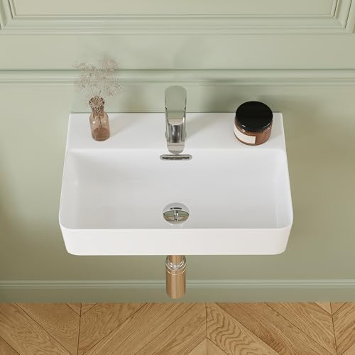 DeerValley Lavandino da bagno in ceramica, bianco con bordo sottile e troppopieno, montaggio a parete o lavabo da appoggio, include scarico pop-up, moderno piccolo lavandino per bagno per guardaroba