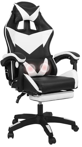 Chaise Gaming Ergonomique Massage à 2 Points, Fauteuil de Bureau avec Repose-Pieds, Appui-Tête & Lombaire Réglables, Capacité de Charge de 150 kg, Noir+Blanc