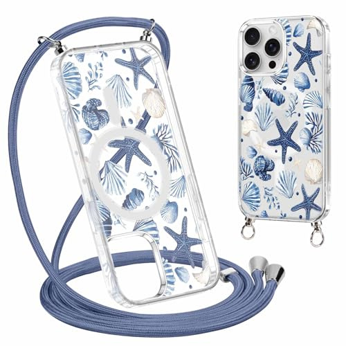 Coalbooliy Handykette Handyhülle für iPhone 16 Pro mit Band Cover Kompatibel mit Magsafe, Transparent Aesthetic Sommer Ozean Meer Muster Cover mit Kordel zum umhängen Case Kameraschutz Stoßfest, 11